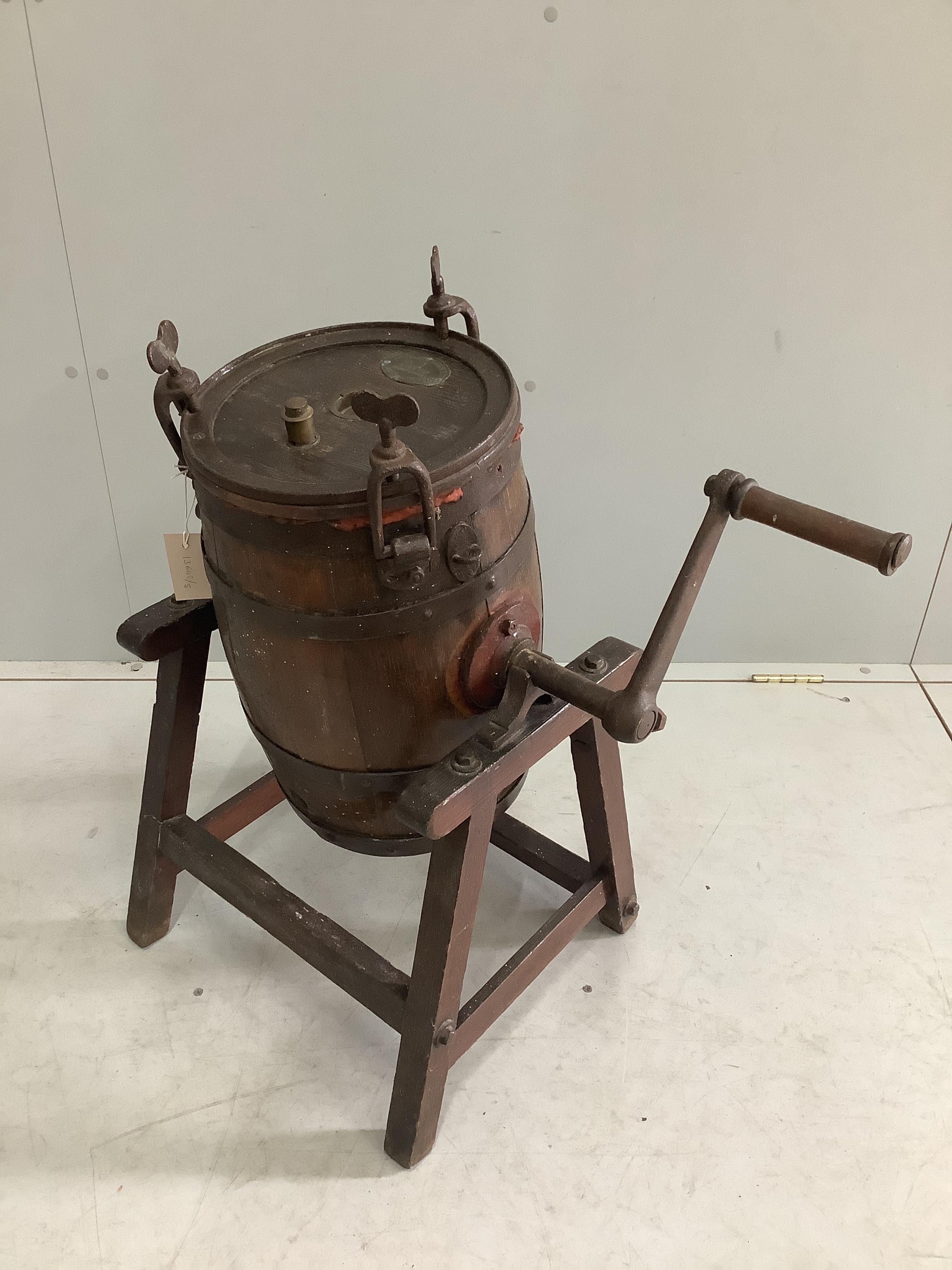 A Victorian Waide & Sons iron bound butter churn, height 76cm